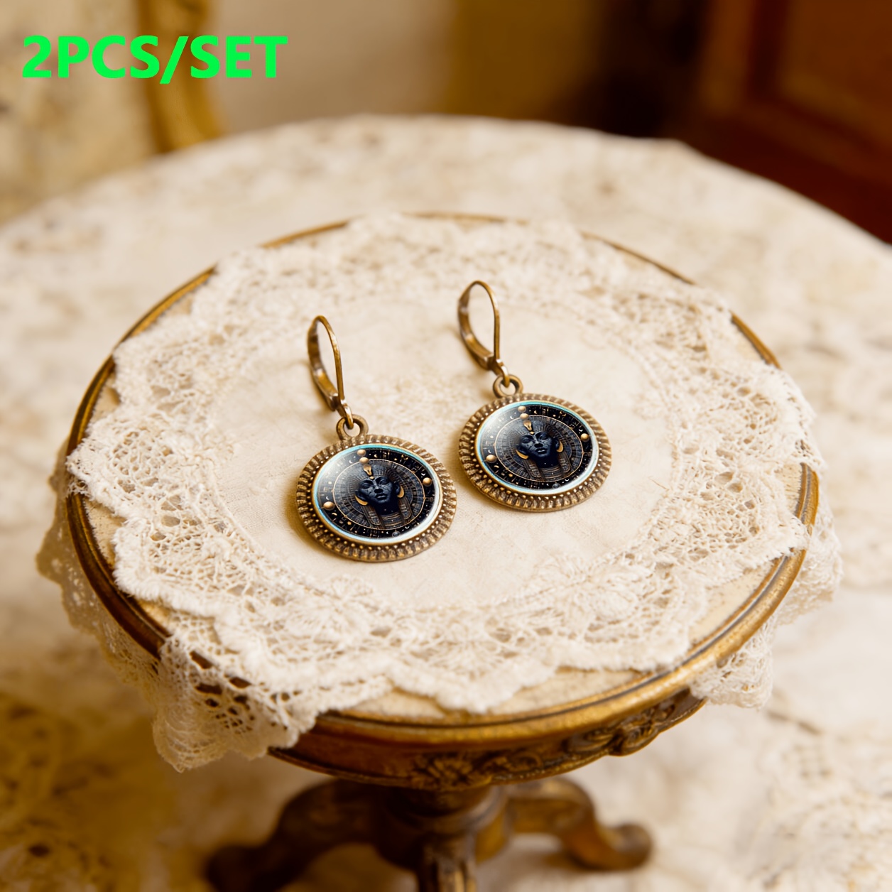 2pc Blue Egyptian Style Pendant Earrings Set with Ear Hooks